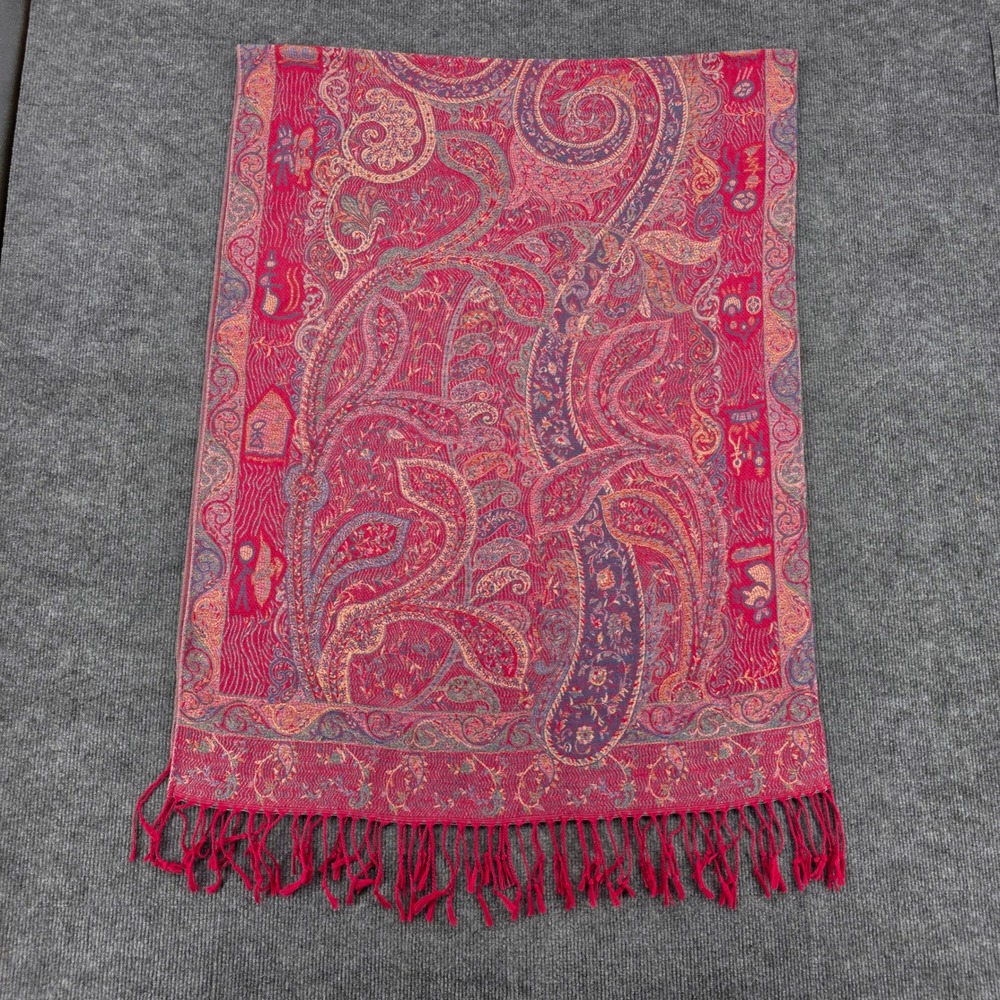 Magenta Paisley Pashmina Shawl Woven Jacquard Fringe Wrap Scarf Purple Gold